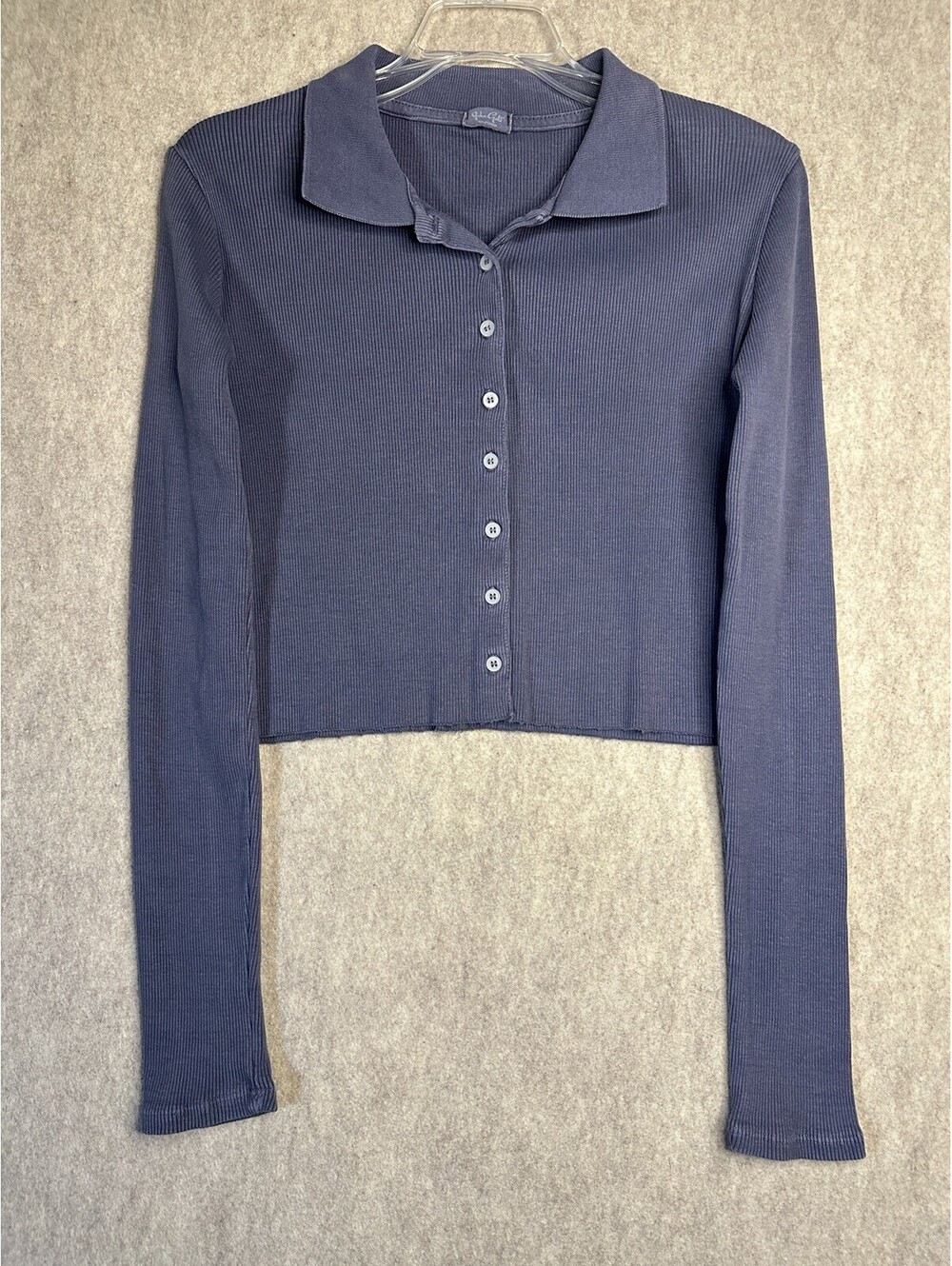 John Galt Ribbed Cropped Slate Blue Collard Button Down Long Sleeve Size Small